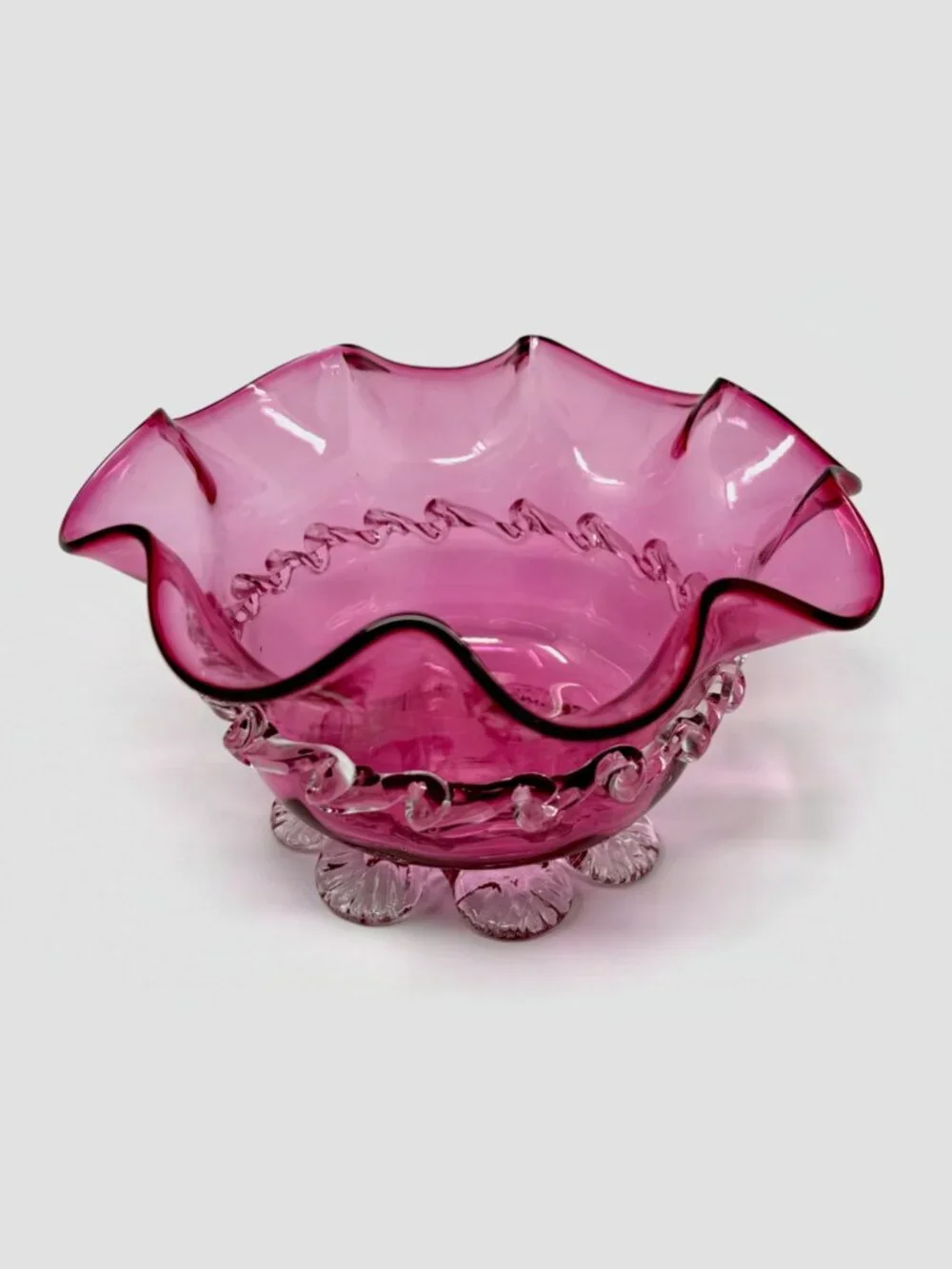 Victorian Cranberry Pink Art Glass Ruffled Bowl - Rigaree Trim & Shell Feet